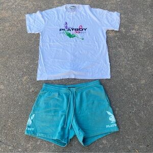 Playboy White Tee and Aqua Shorts Set